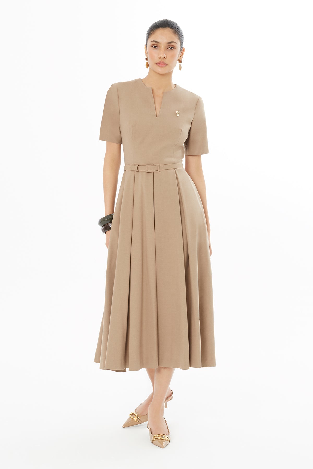 V-Neck Pleated Hem Long Dress