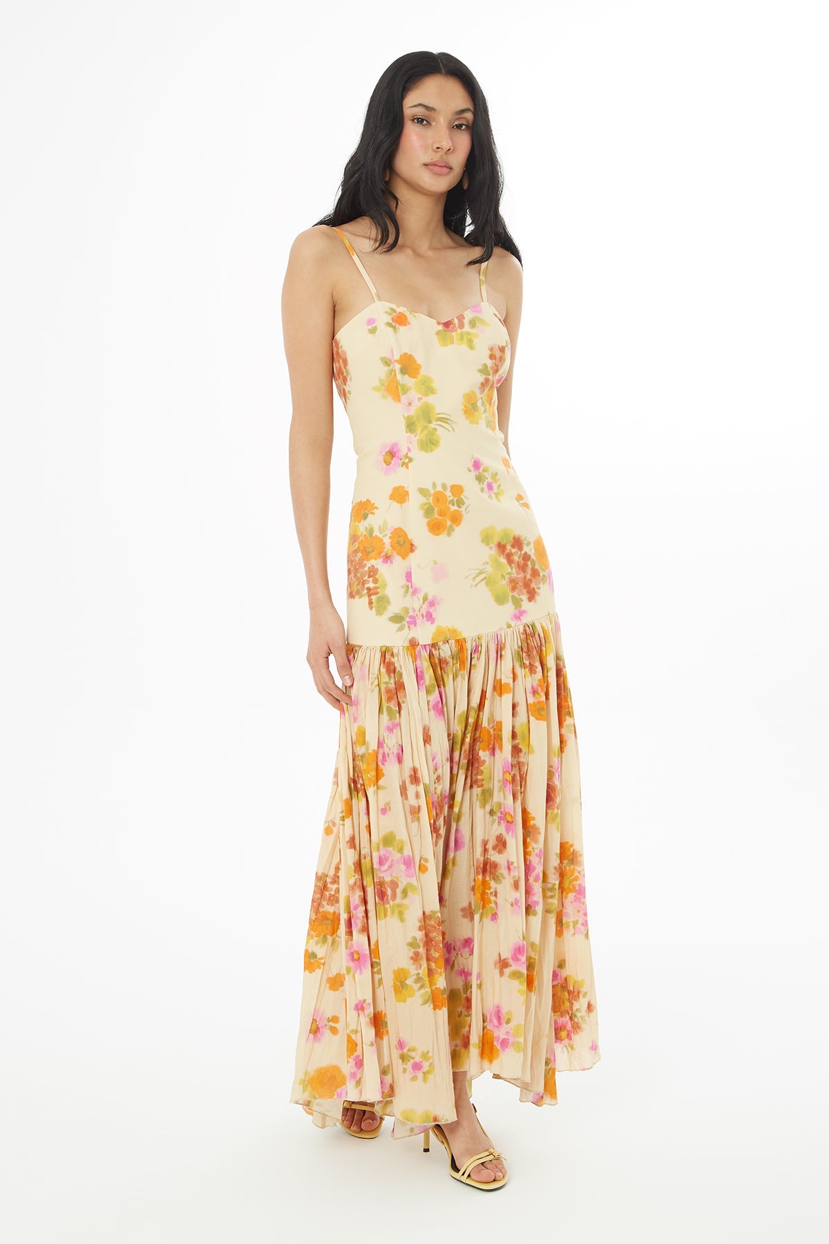 Printed Long Dress with Pleated Skirt