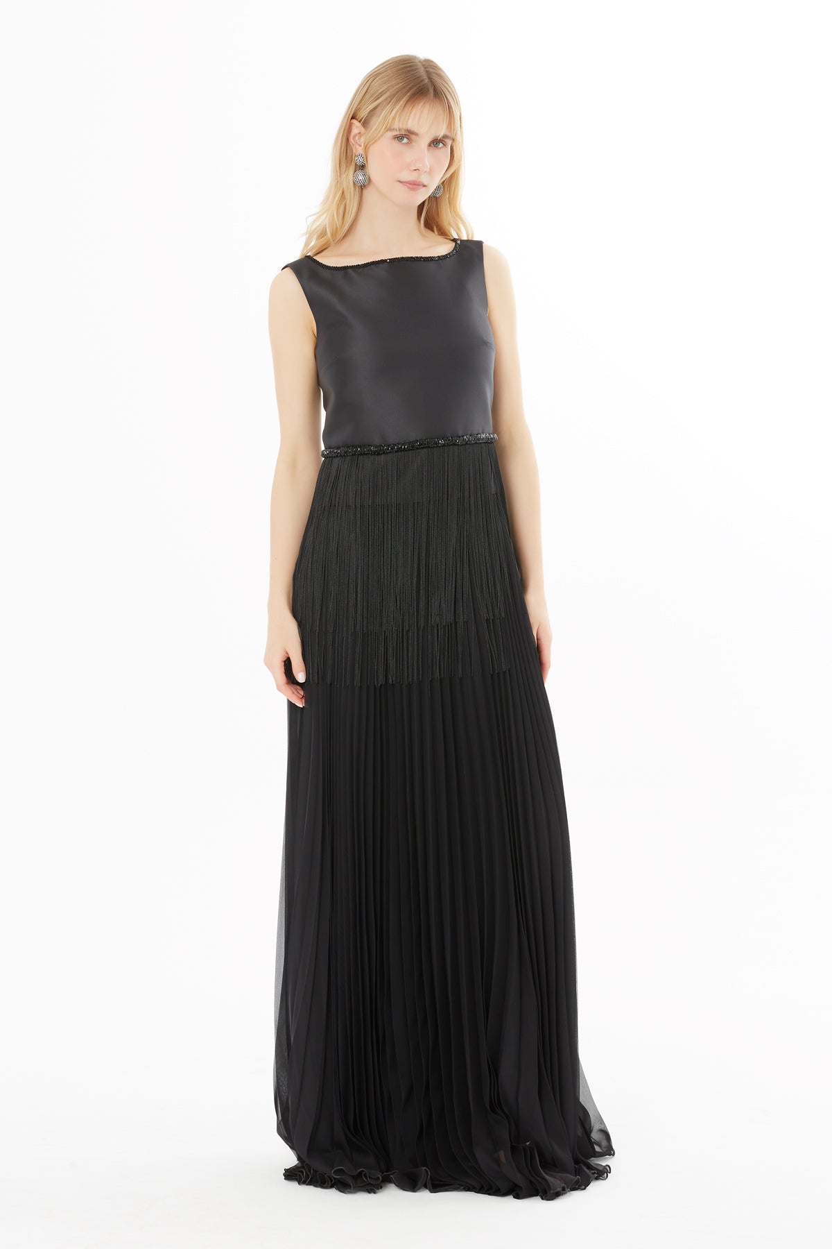 Black Embroidered-Waist Maxi Dress