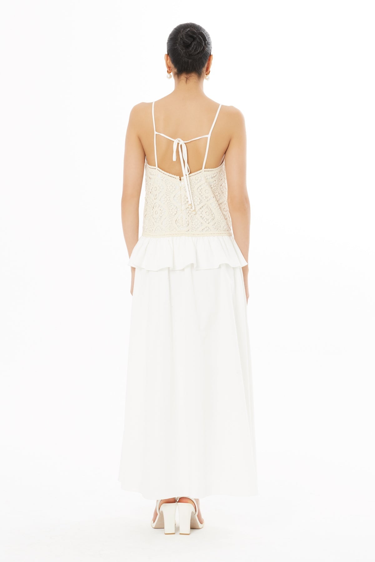 Ecru Strappy Pleated Long Dress