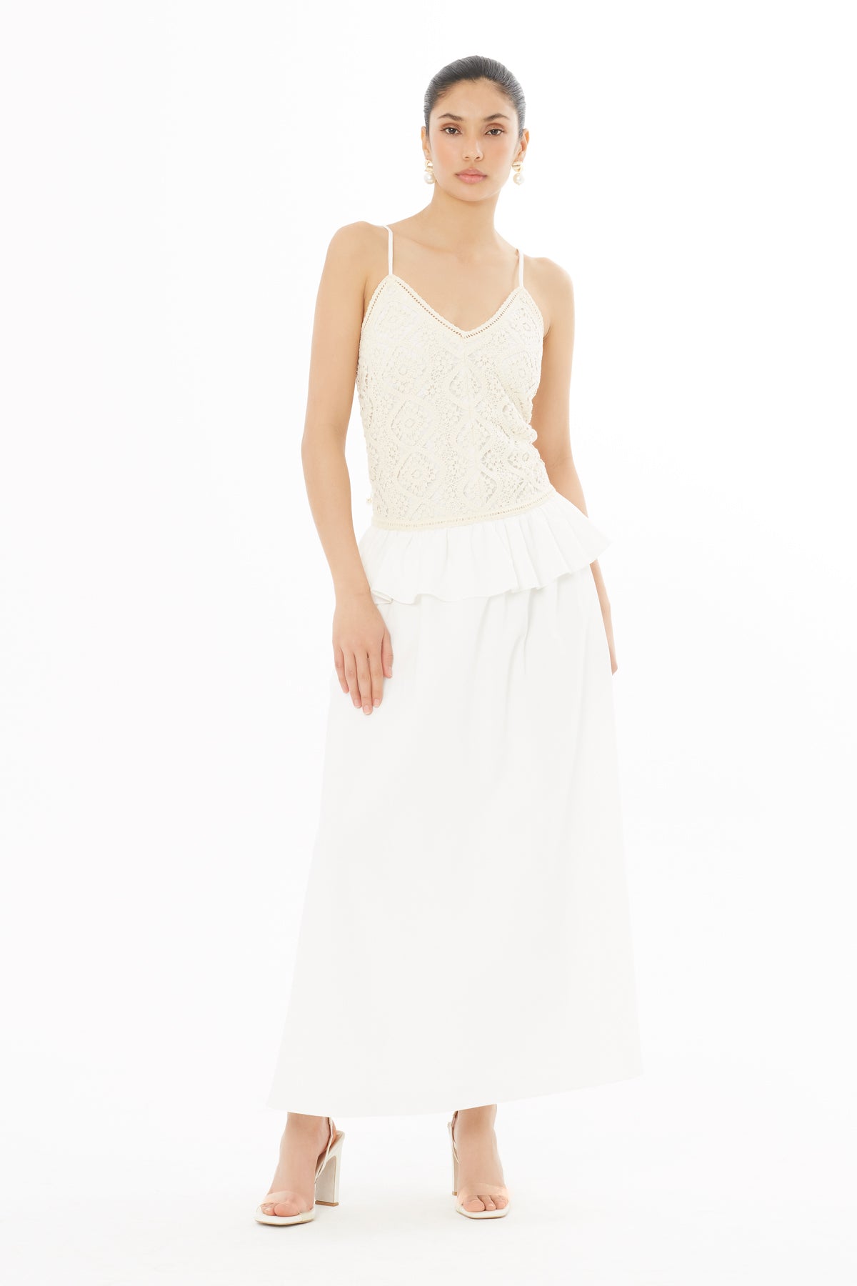 Ecru Strappy Pleated Long Dress