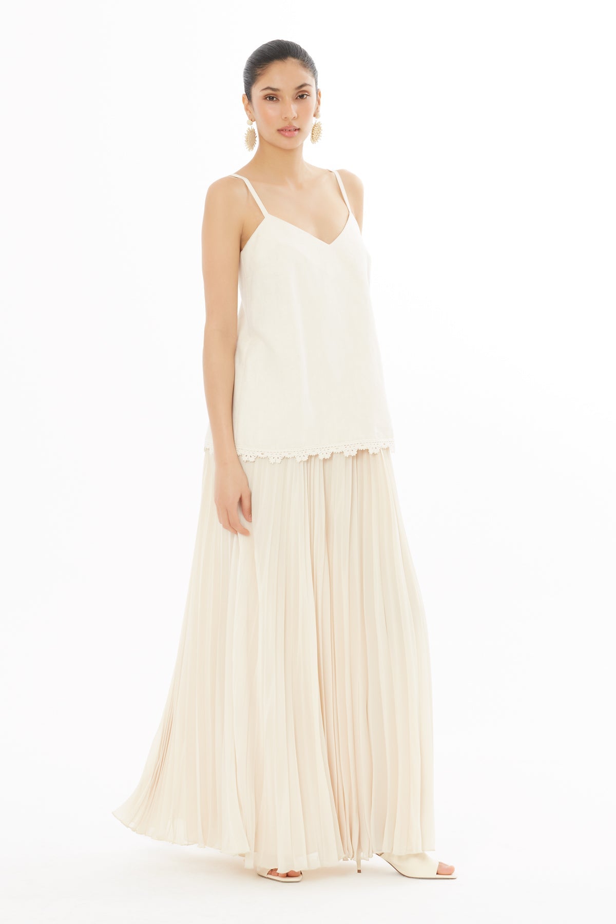 Beige Long Dress with Pleated Detail
