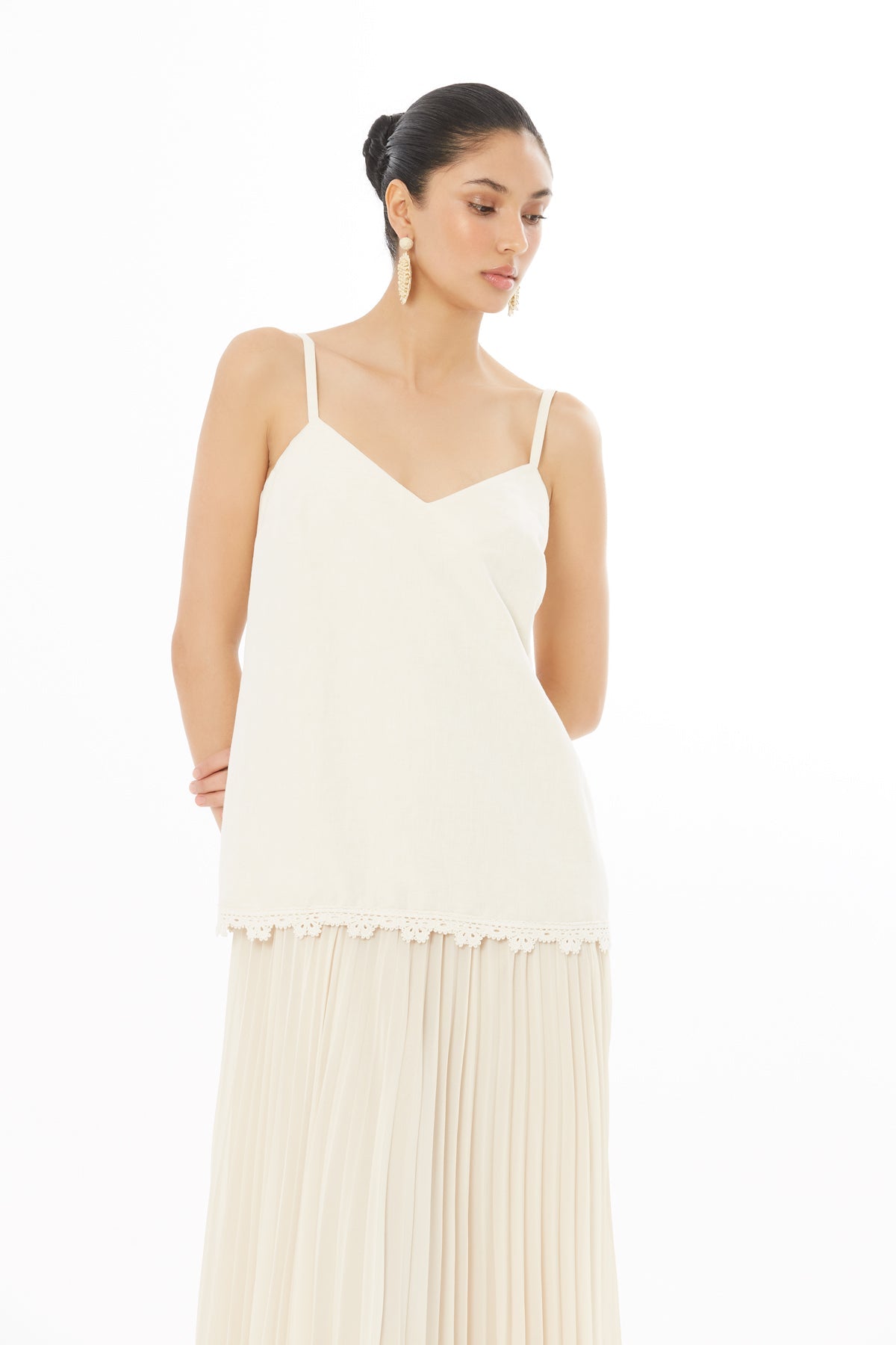 Beige Long Dress with Pleated Detail