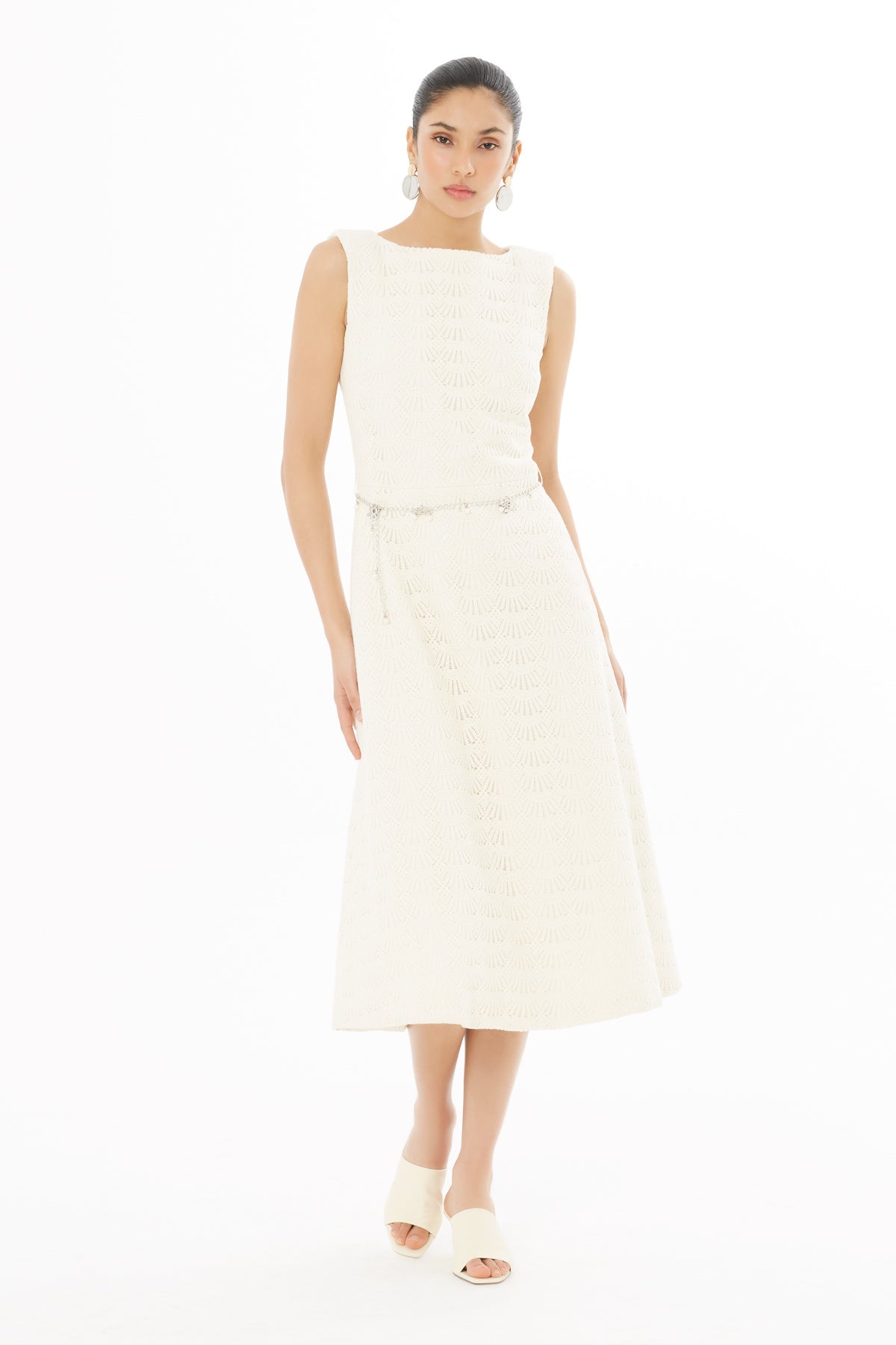 Ecru Midi Dress with Chain Belt