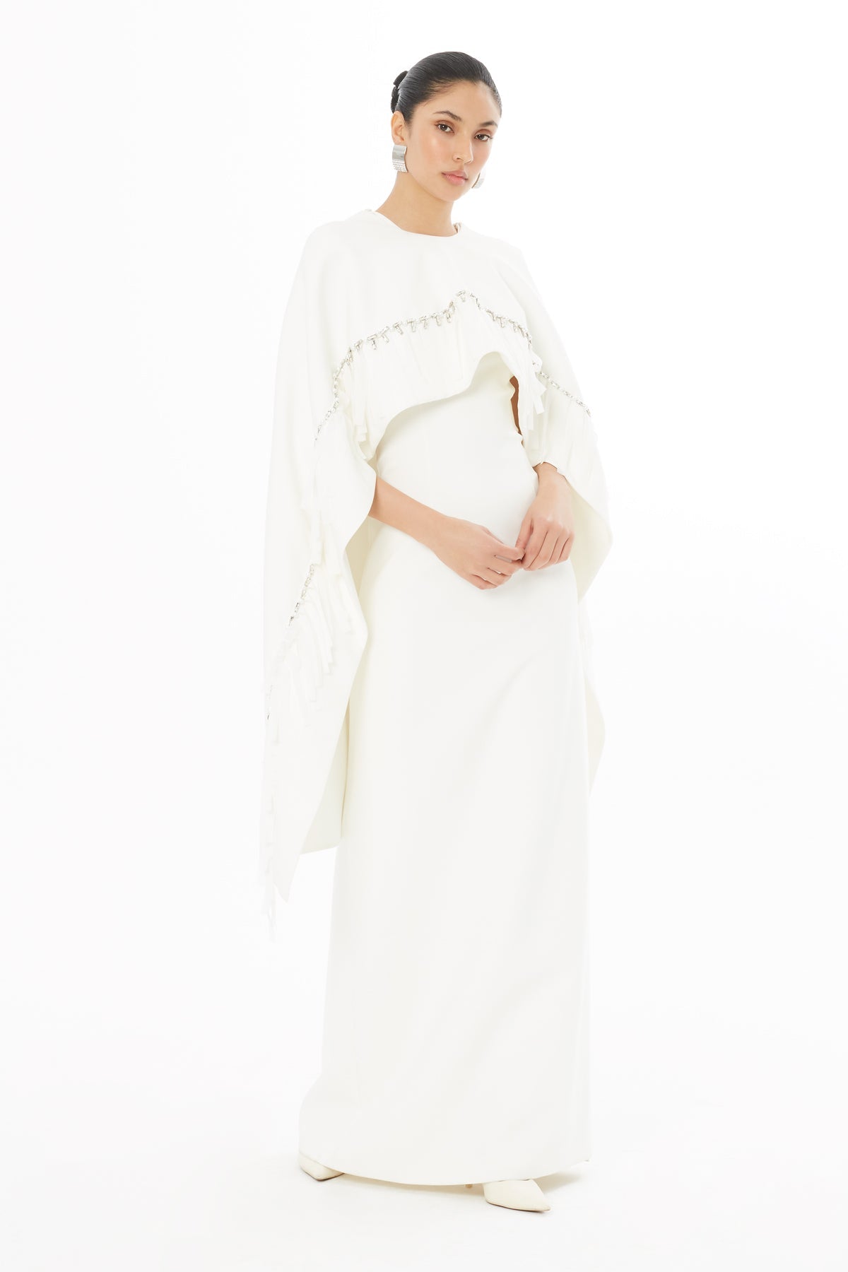 Ecru Embroidered Cape Long Dress