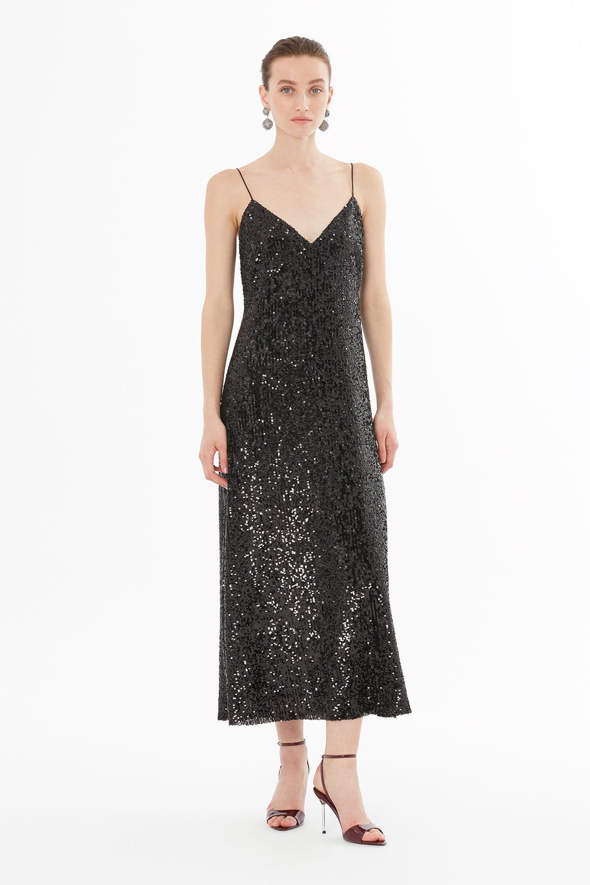Spaghetti Strap V-Neck Satin Dress N