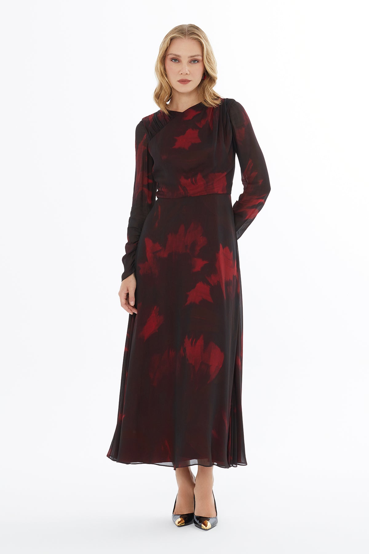Ruffled Dress with Crew Neck and Shoulder Zipper Closure N