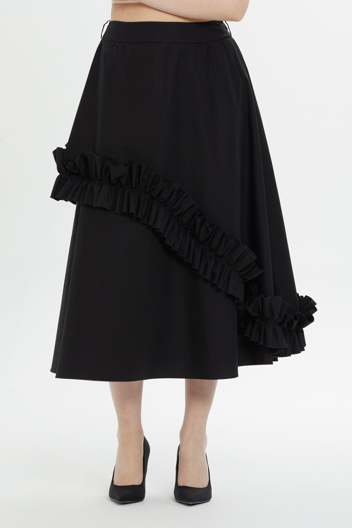 Asymmetric Ruffle Detail Black Midi Skirt N