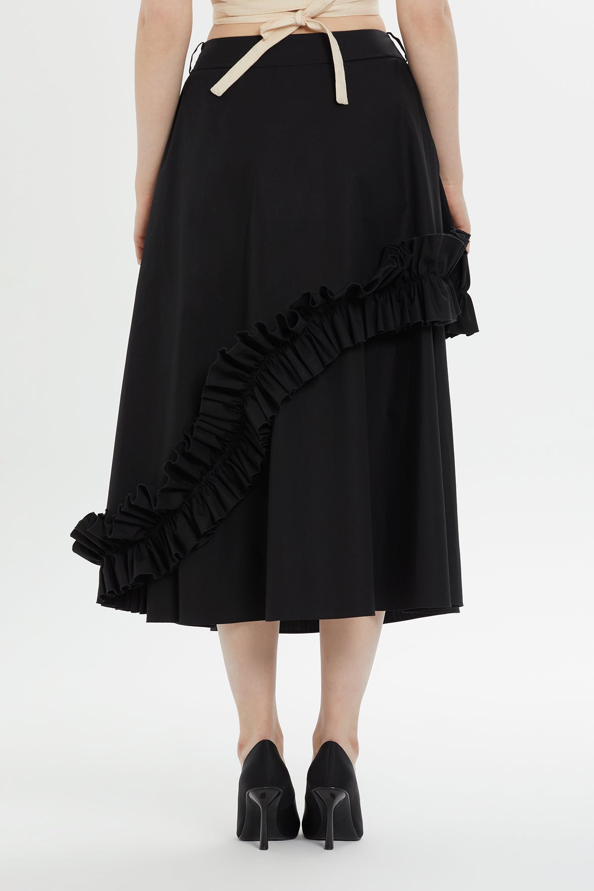 Asymmetric Ruffle Detail Black Midi Skirt N