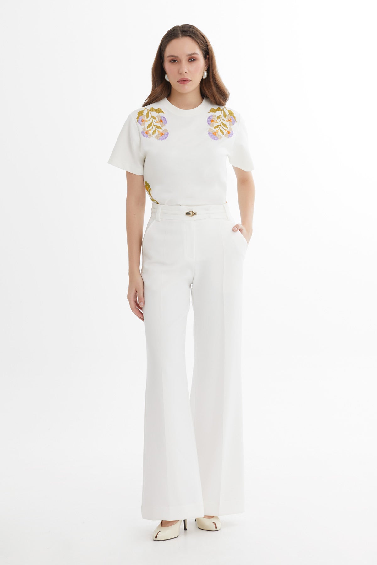 Pleated Stitch Classic Ecru Palazzo Pants N