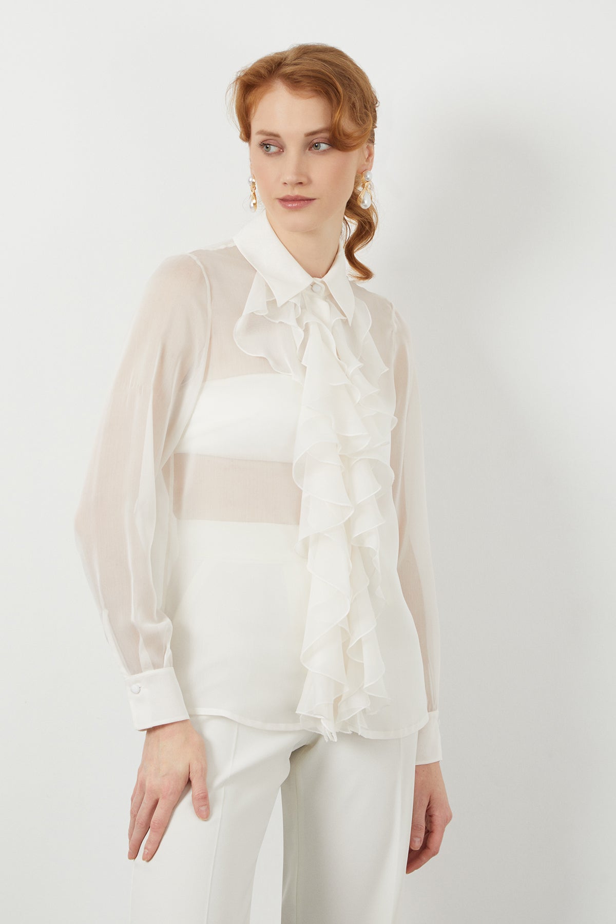 Front Ruffle Transparent Off-White Shirt
