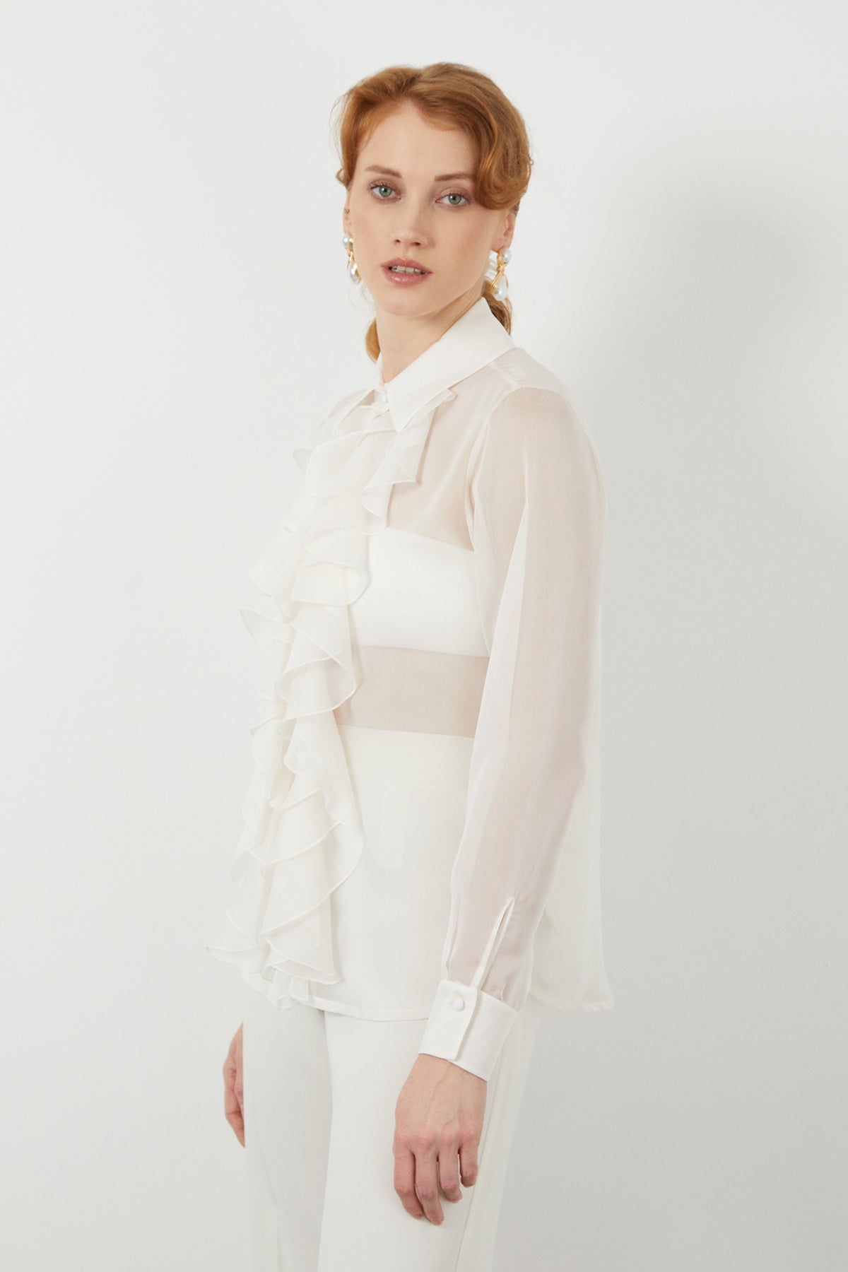 Front Ruffle Transparent Off-White Shirt