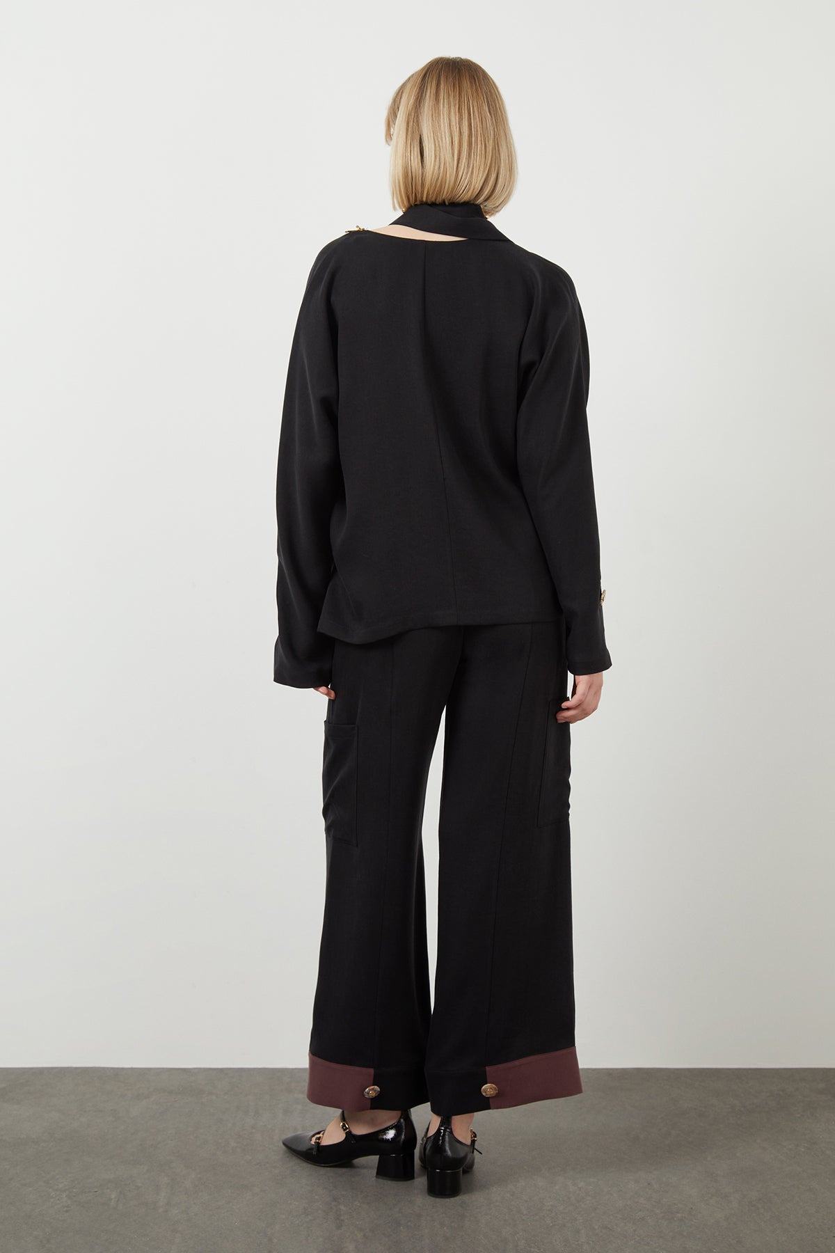 Embroidered Tie Neck Detail Unlined Long-Sleeve Black Blouse N