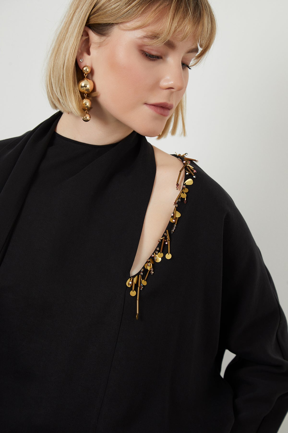 Embroidered Tie Neck Detail Unlined Long-Sleeve Black Blouse N