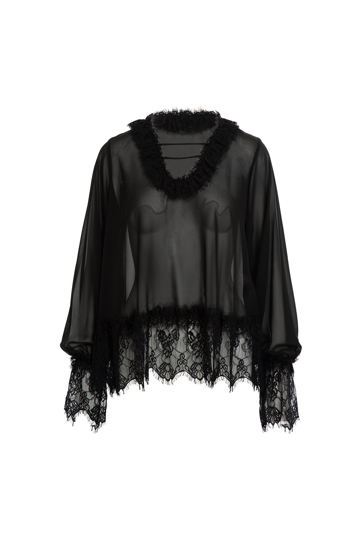 Lace Detail Chiffon Black Blouse N