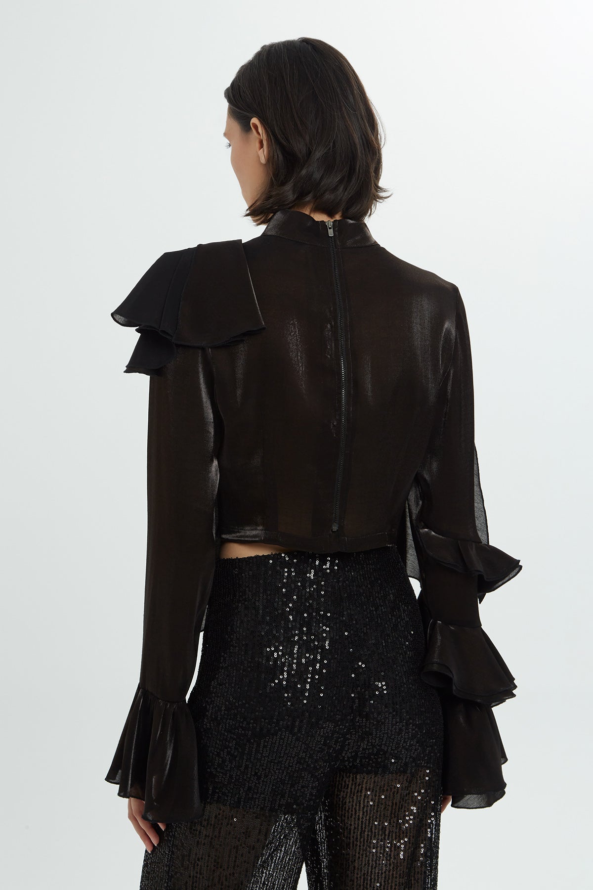 Back Zipper Ruffled Detail Black Blouse N