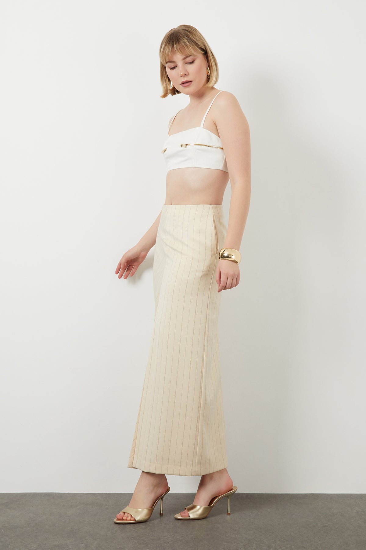 Stripe Pattern Slit Ecru Long Skirt N