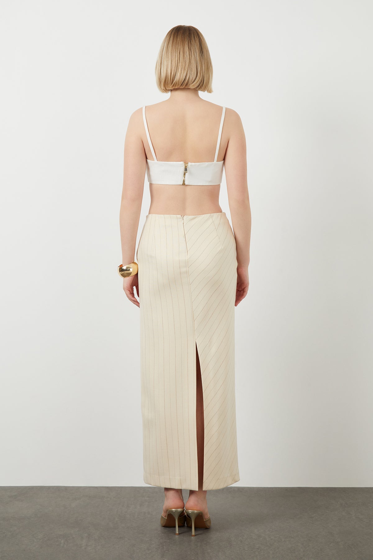 Stripe Pattern Slit Ecru Long Skirt N