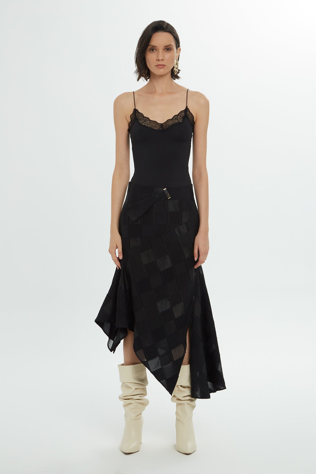 Asymmetrical Hem Midi Black Skirt N