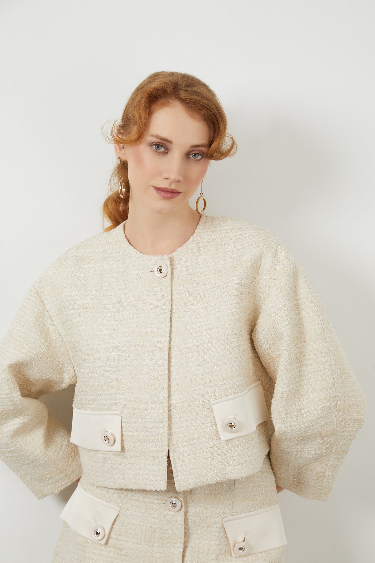 Button Detail Off-White Short Jacket N