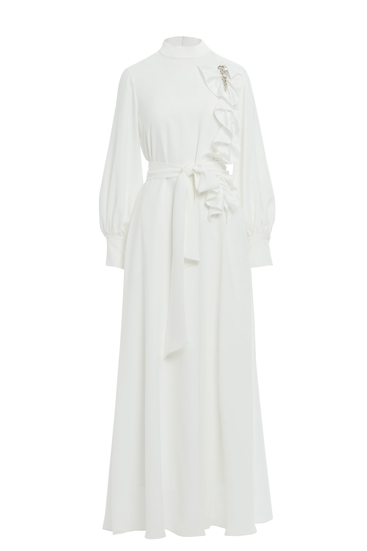 Gathered Detail Beaded Long Unlined Ecru Dress N
