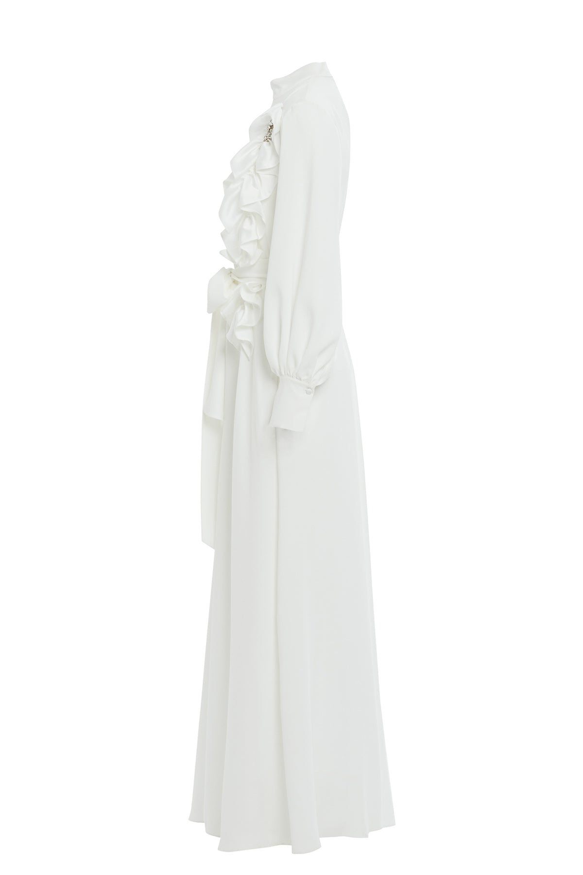 Gathered Detail Beaded Long Unlined Ecru Dress N