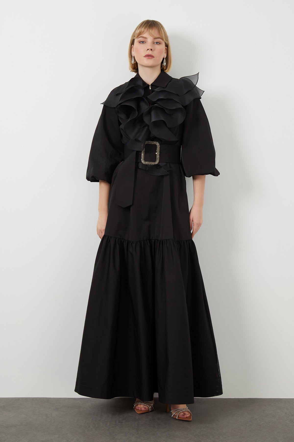 Ruffle Detail Three-Quarter Sleeve Long Black Dress N