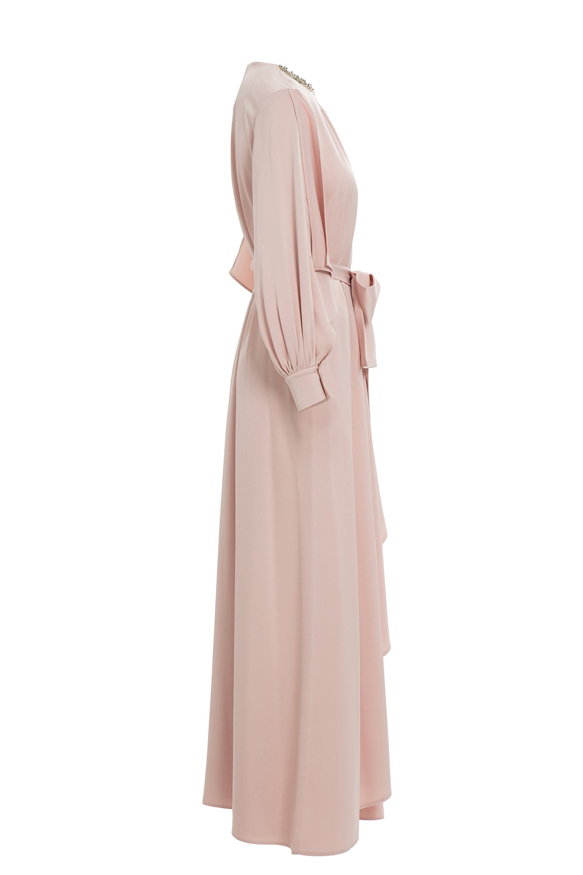 Front Pleated Detail Slit Sleeve Powder Long Dress N