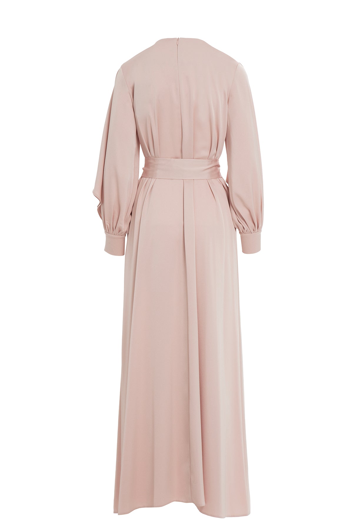 Front Pleated Detail Slit Sleeve Powder Long Dress N