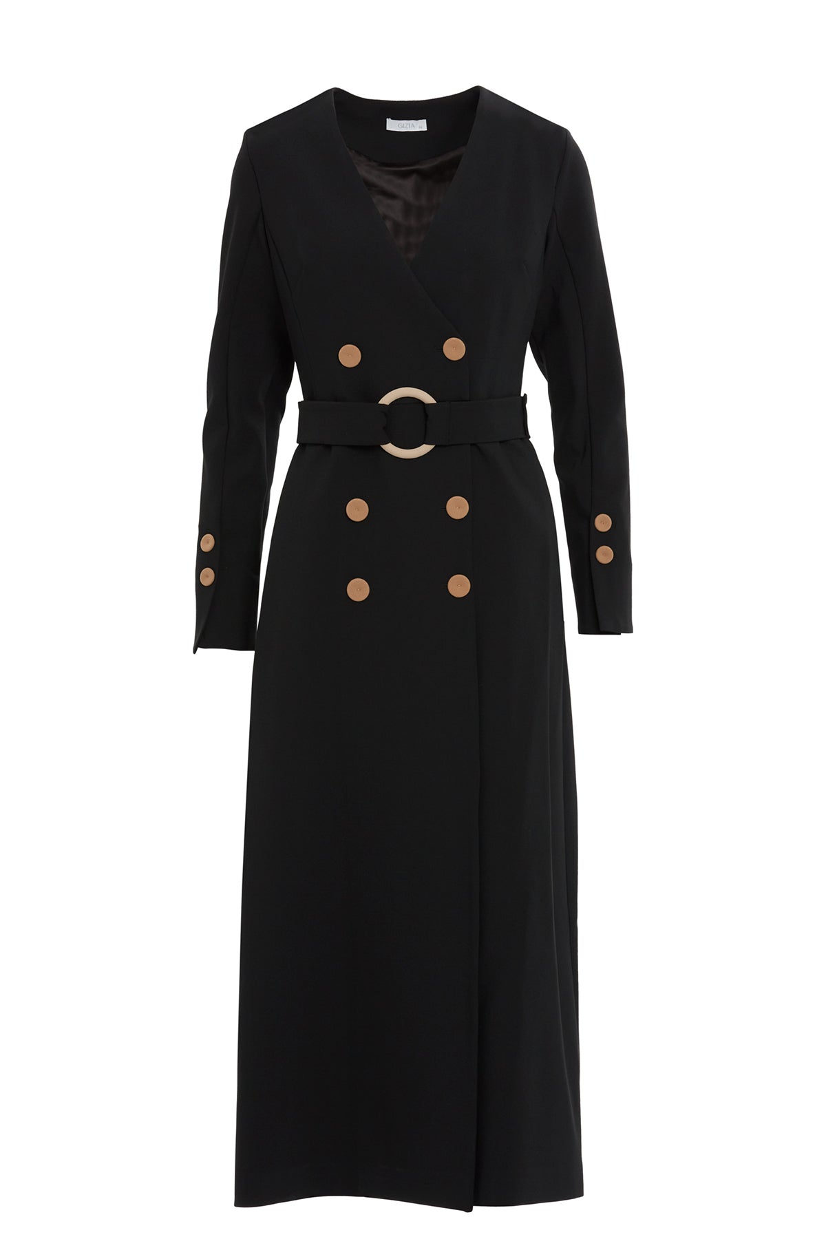 Detachable Buckle Belted Midi Black Dress N