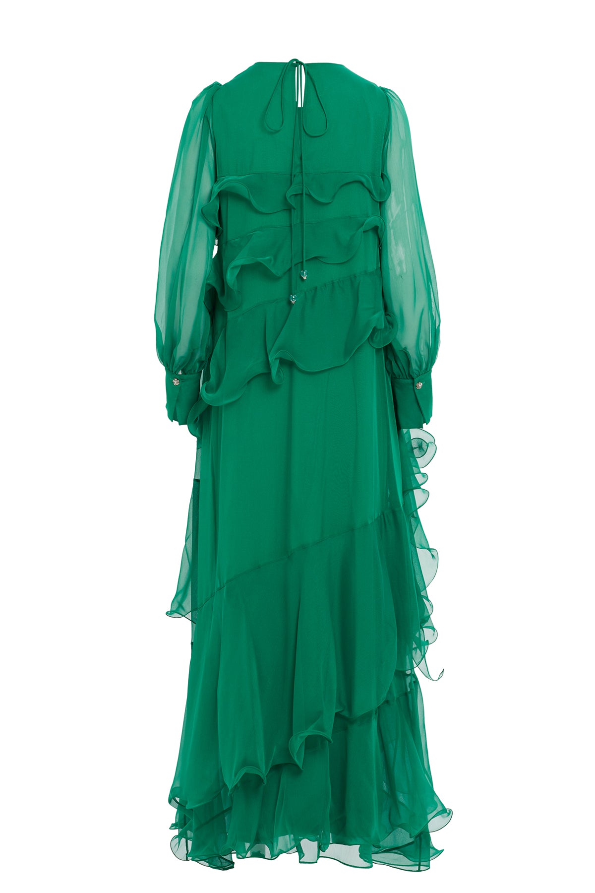 Asymmetric Ruffle Detail Long-Sleeve Lined Maxi Green Dress N