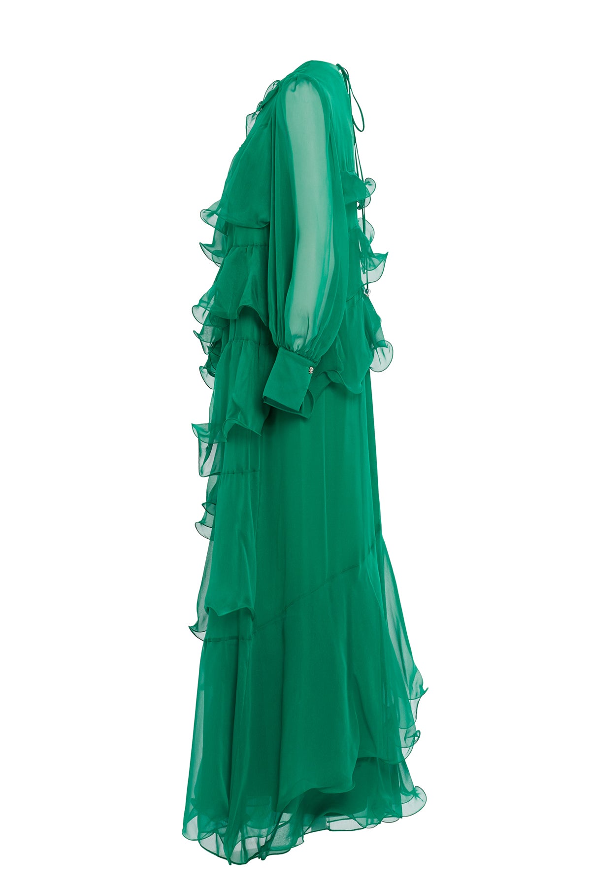 Asymmetric Ruffle Detail Long-Sleeve Lined Maxi Green Dress N