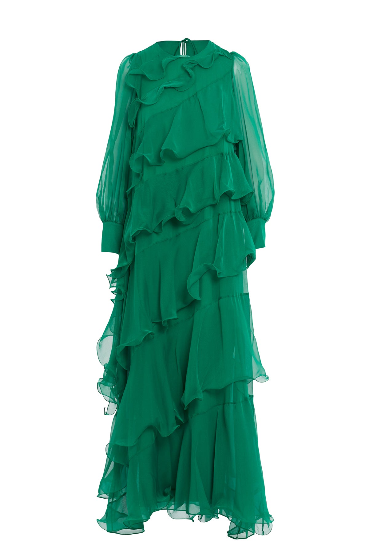 Asymmetric Ruffle Detail Long-Sleeve Lined Maxi Green Dress N