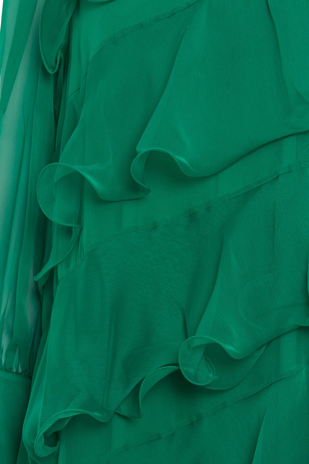 Asymmetric Ruffle Detail Long-Sleeve Lined Maxi Green Dress N