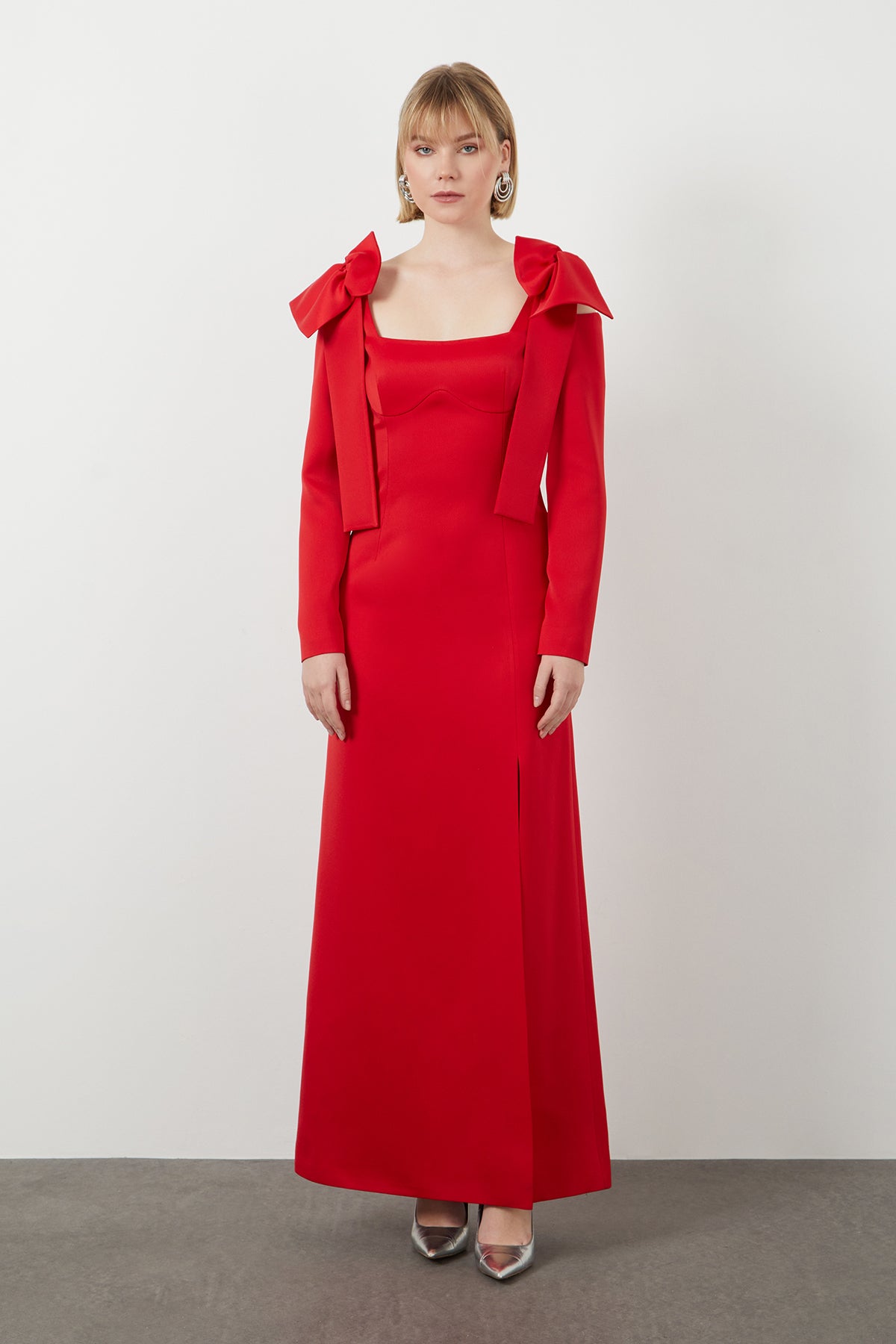 Shoulder Bow Detail Lined Long Red Dress N