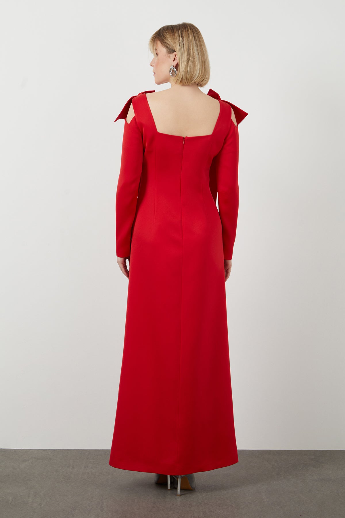 Shoulder Bow Detail Lined Long Red Dress N