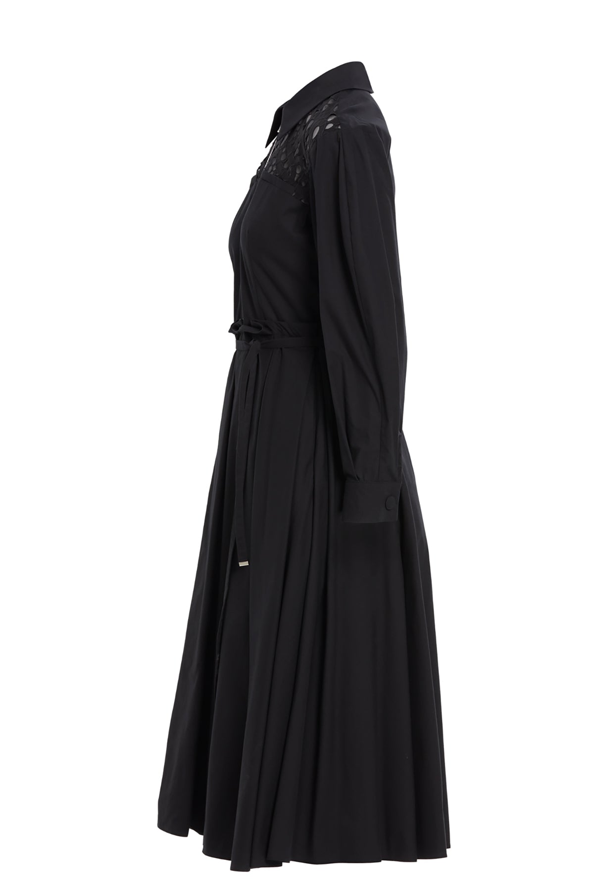 Shirt Collar Zippered Black Midi Dress N