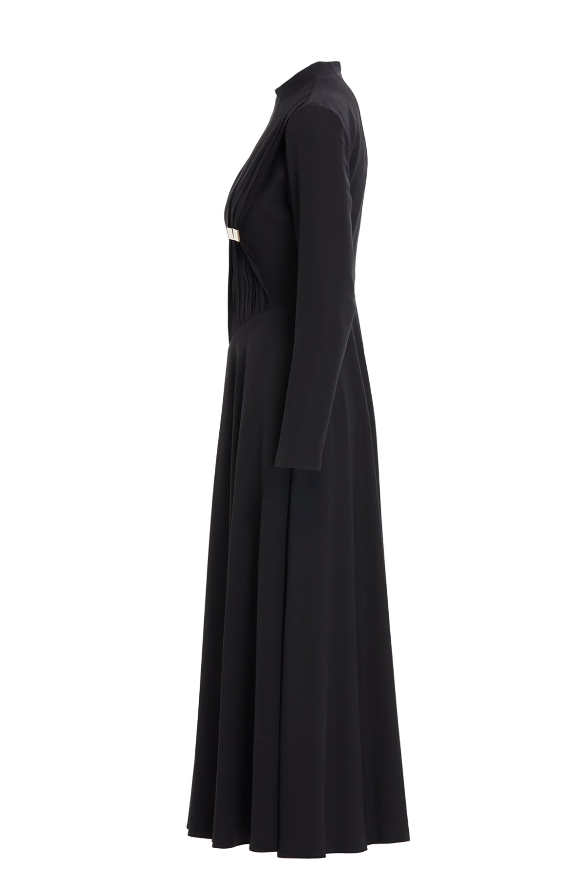 Buckle Detail Mock Neck Long Sleeve Black Midi Dress N