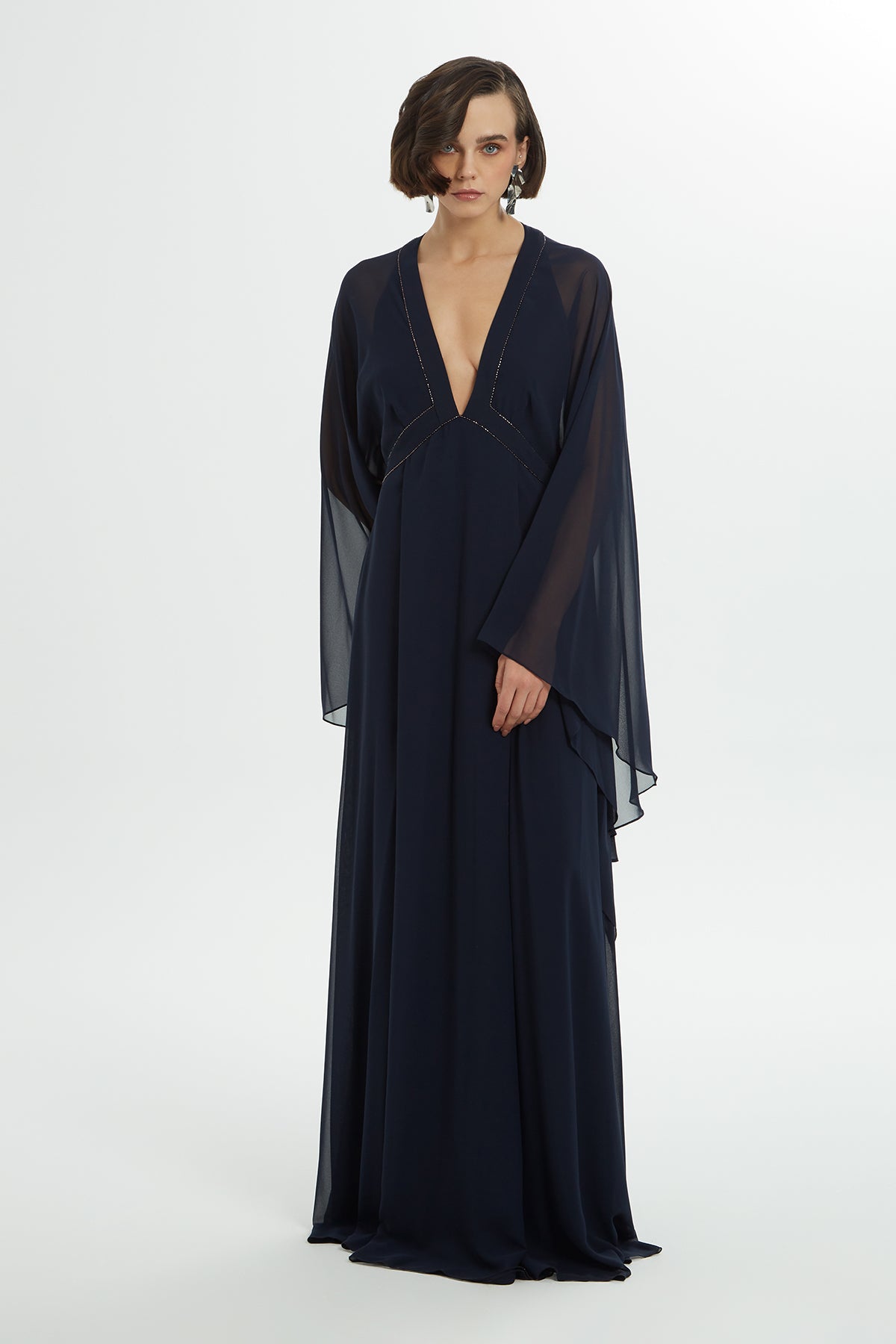 Bead Embroidered Ruffled Sleeve Lined Navy Chiffon Dress N
