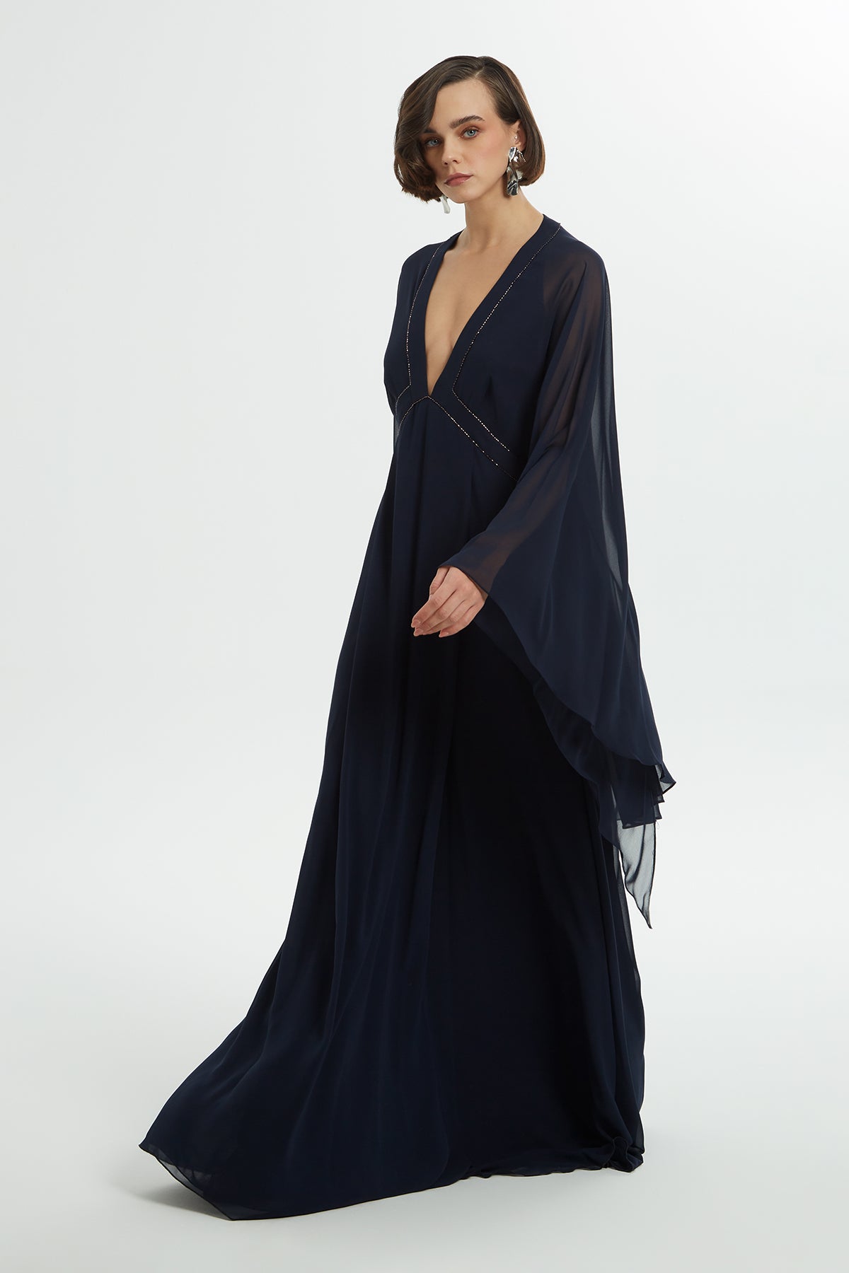 Bead Embroidered Ruffled Sleeve Lined Navy Chiffon Dress N