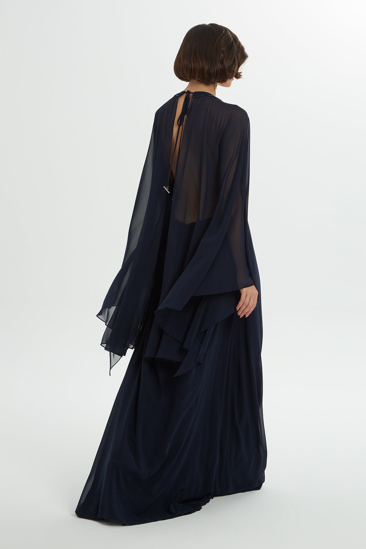 Bead Embroidered Ruffled Sleeve Lined Navy Chiffon Dress N