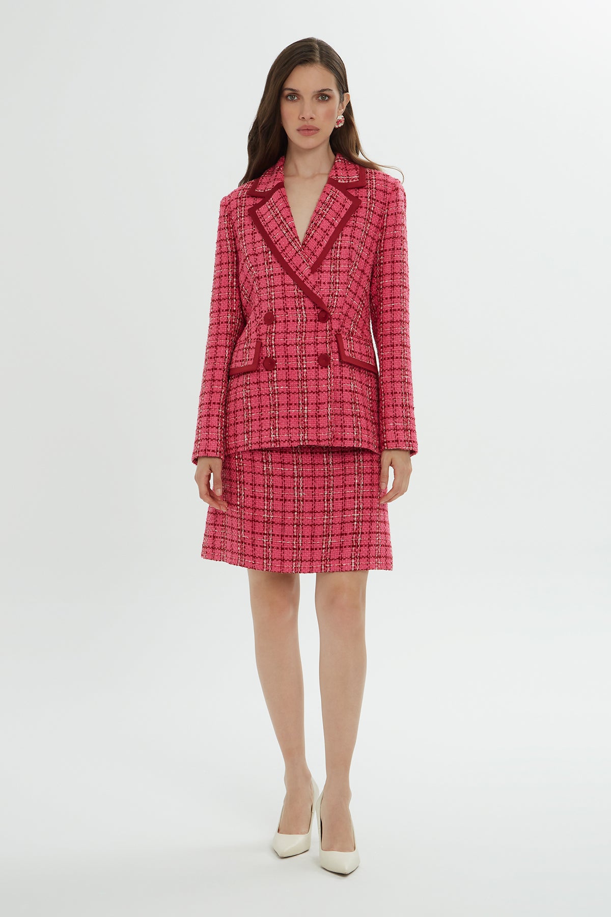 Pink Plaid Jacket and Skirt Set N