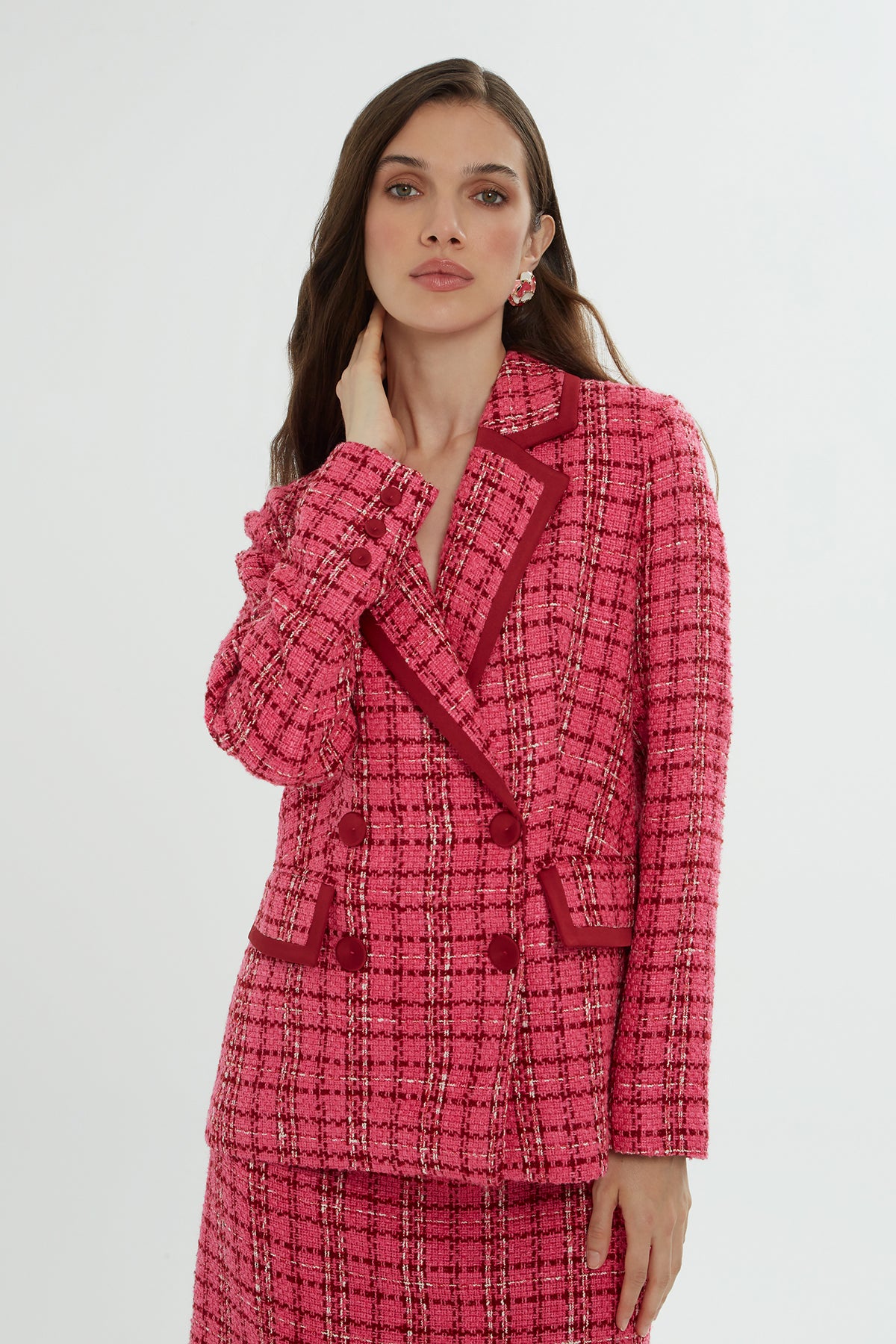 Pink Plaid Jacket and Skirt Set N
