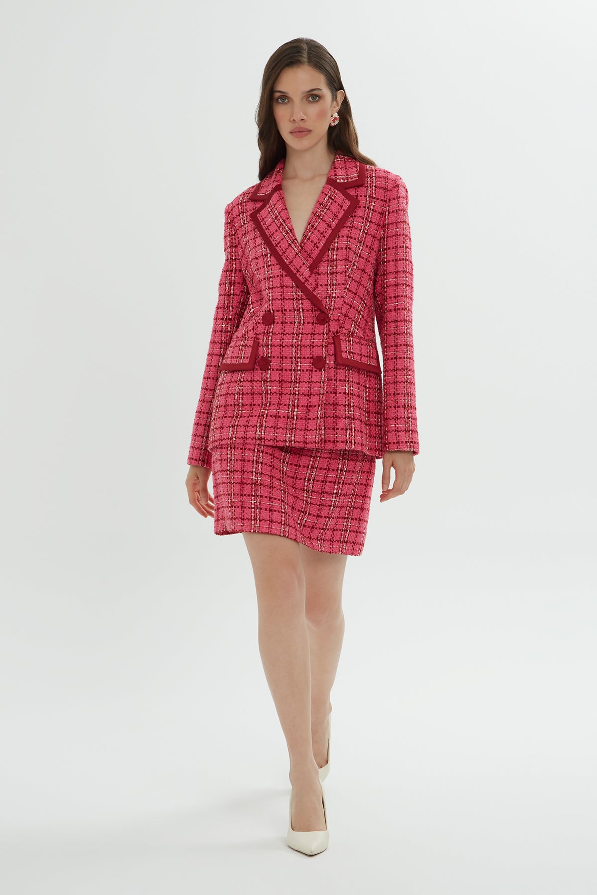 Pink Plaid Jacket and Skirt Set N