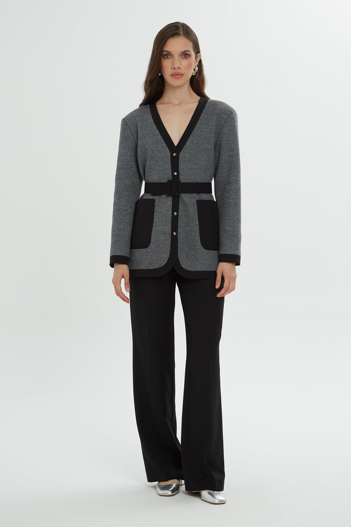 Grey and Black Cardigan Set with Belt Detail