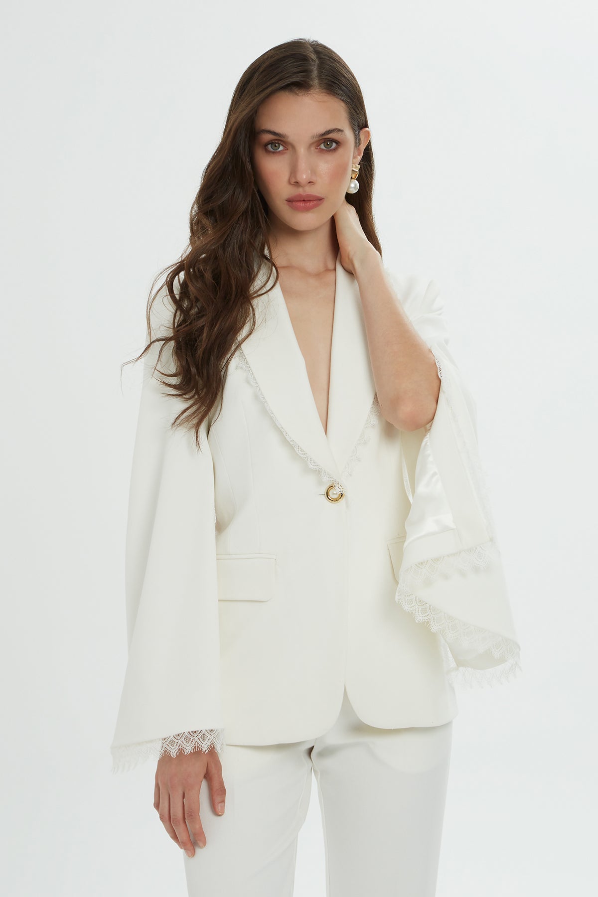 Lace Detail Sleeves and Collar Ecru Blazer and Pants Suit N
