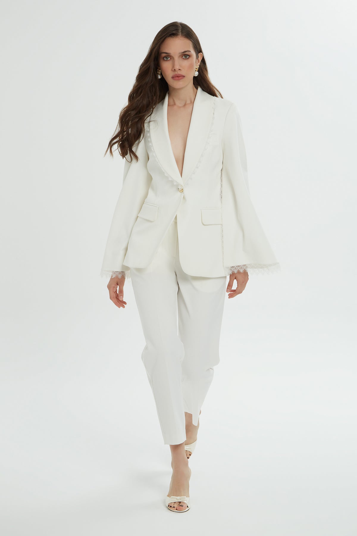 Lace Detail Sleeves and Collar Ecru Blazer and Pants Suit N