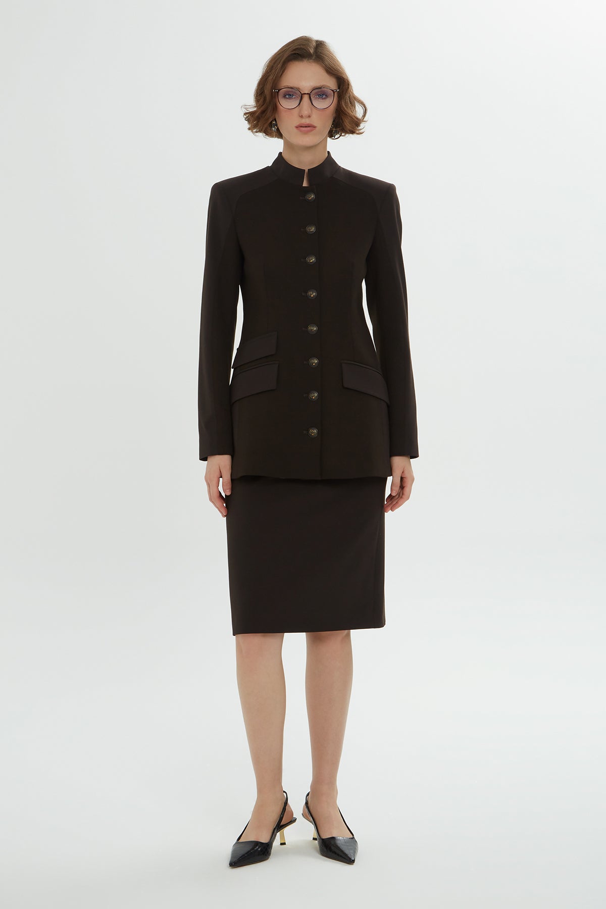 Brown Jacket and Pencil Skirt Set with Button Details
