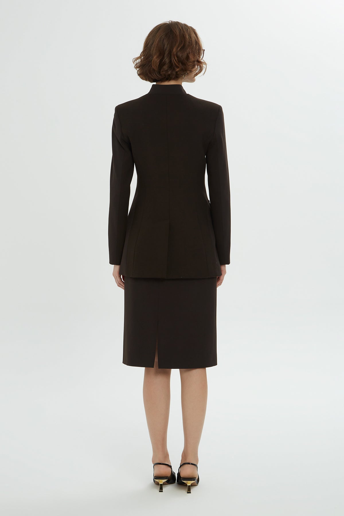 Brown Jacket and Pencil Skirt Set with Button Details