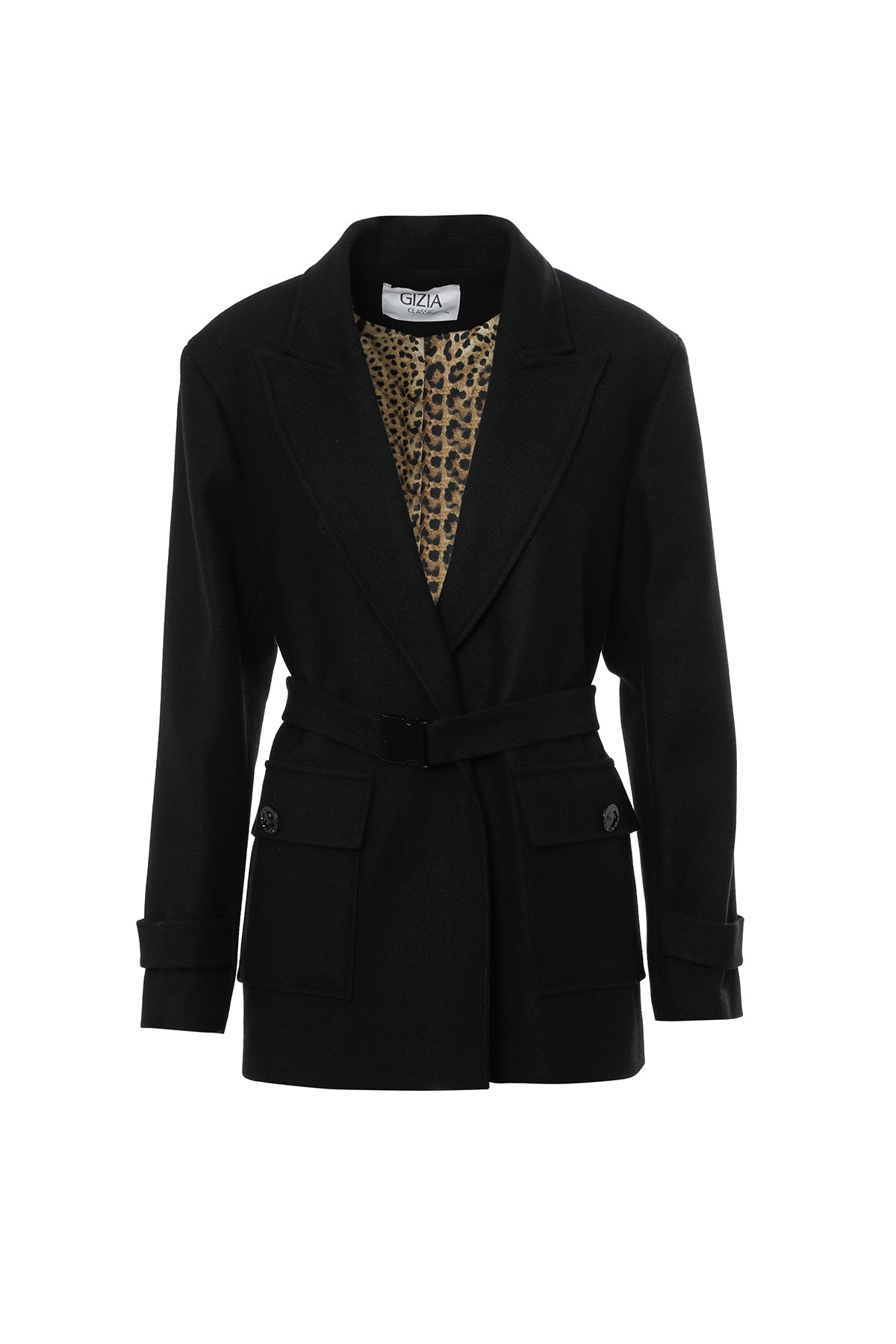 Double-Breasted Belted and Pocketed Black Jacket N
